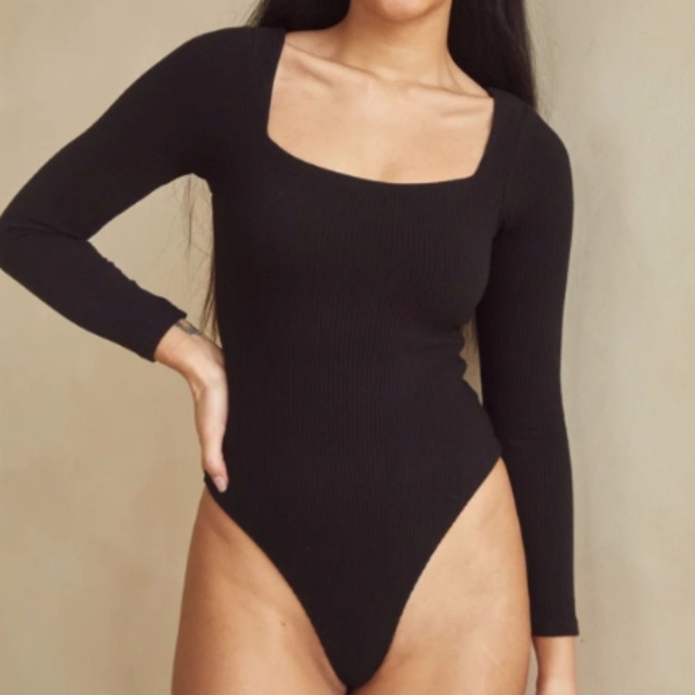Klassy Network  RIBBED SQUARE NECK LONG SLEEVE BRAMISUIT Black XL